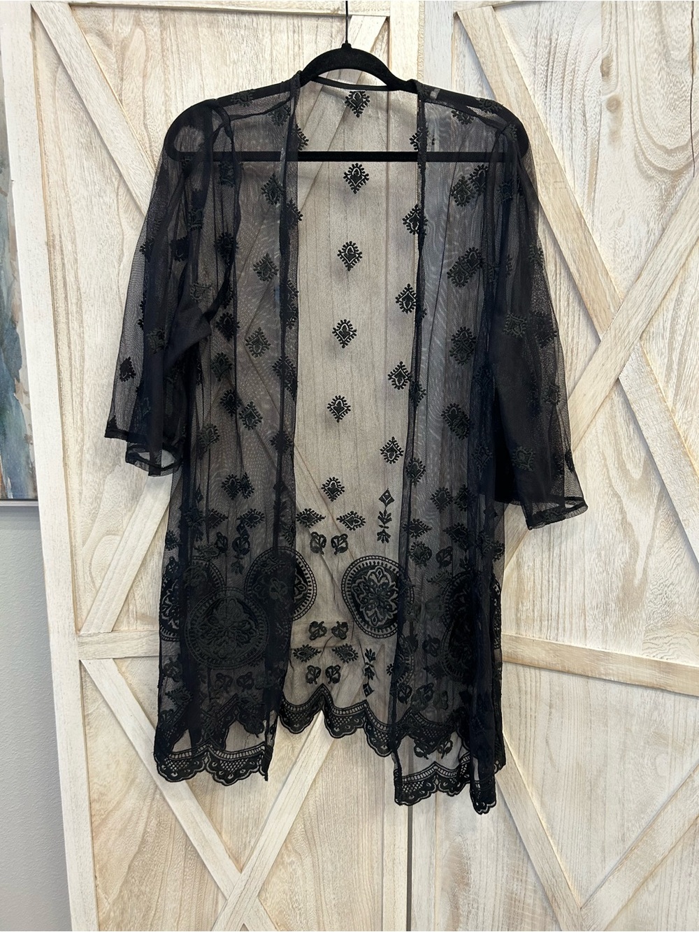 Black Sheer Embroidered Kimono Cover-Up